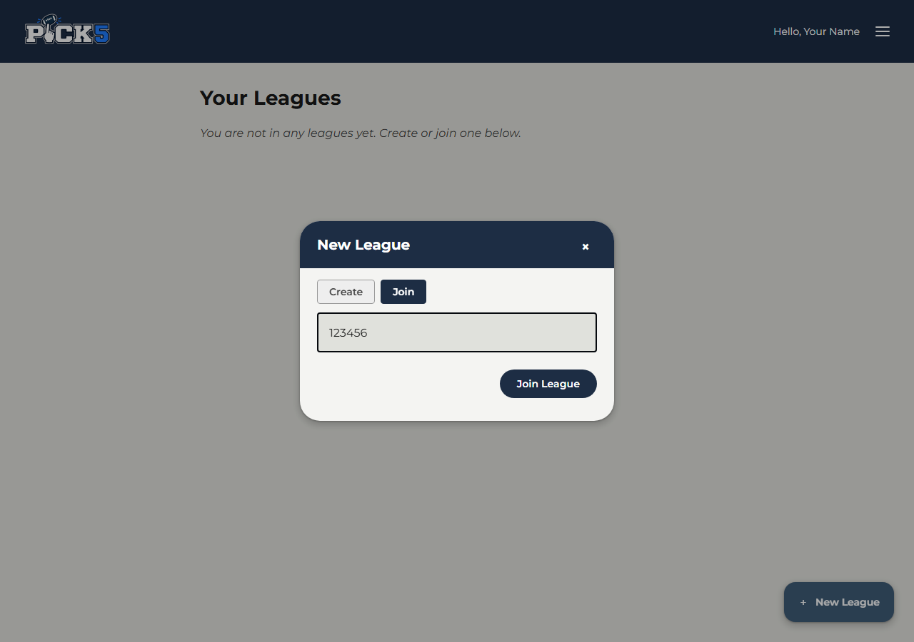 New League dialog with the Join tab open and an invite code typed in