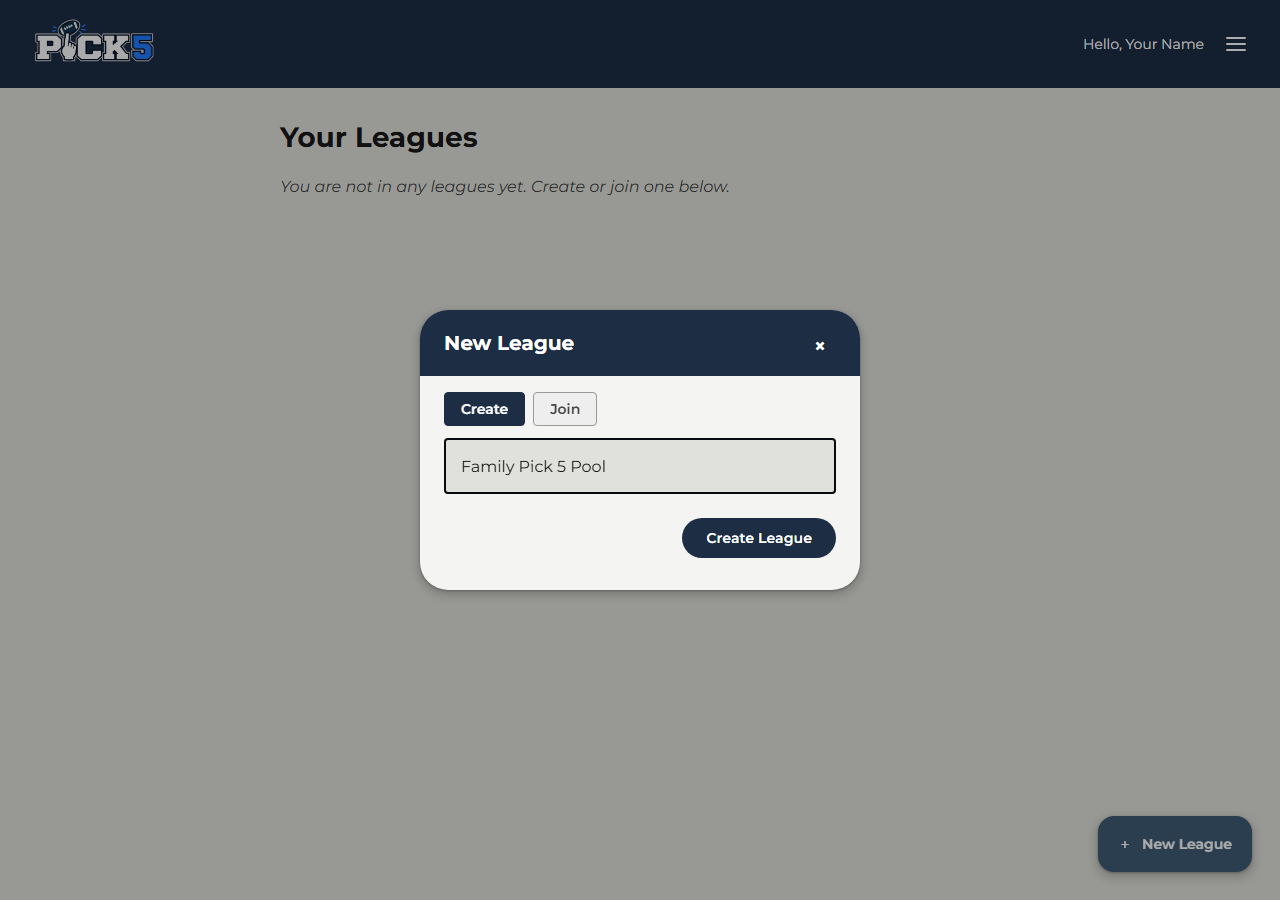 New League dialog with the Create tab open and a league name typed in