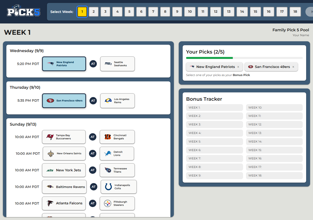 Picks page with two teams selected