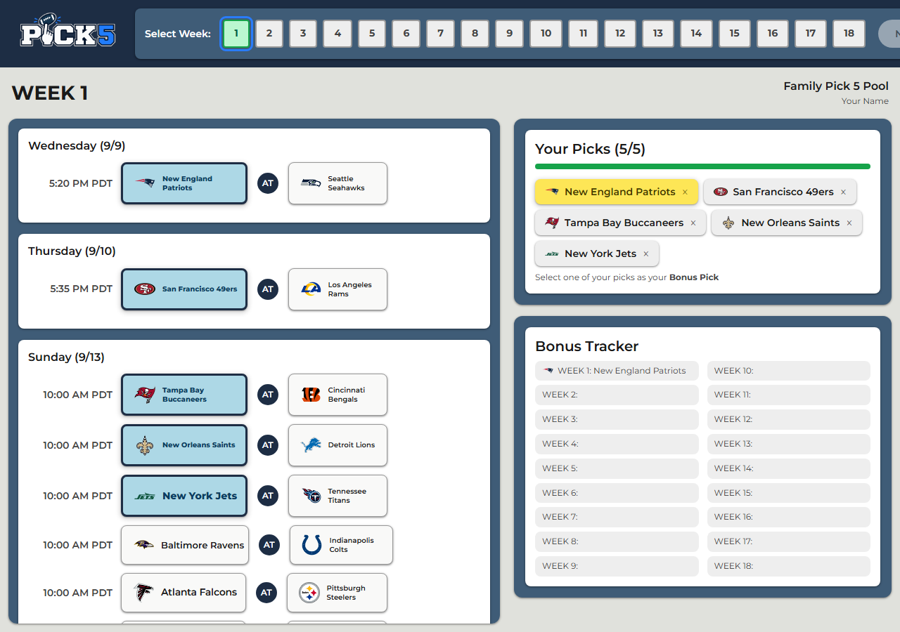 Bonus pick selected and highlighted, showing in the Bonus Tracker