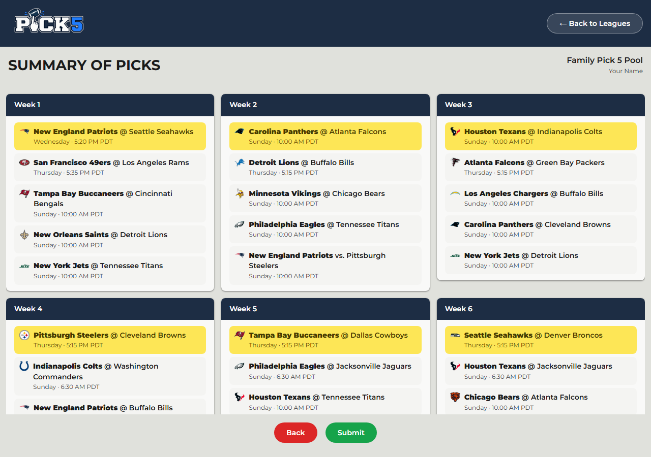 Summary of Picks screen showing all weeks with bonus picks highlighted